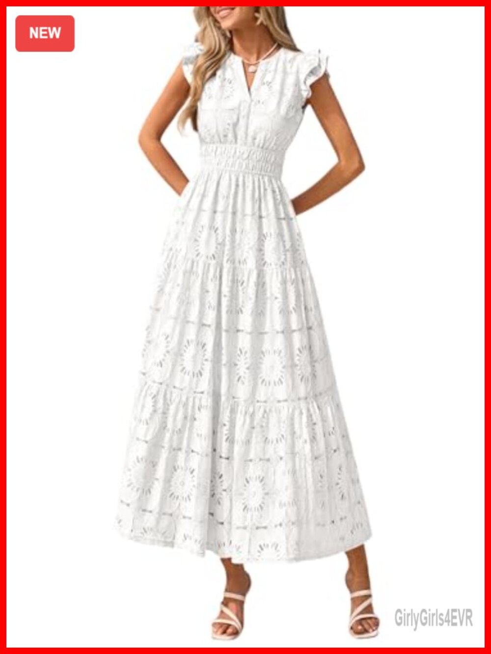 PRETTYGARDEN Floral Lace Eyelet V-Neck Fit & Flare Boho Maxi Dress